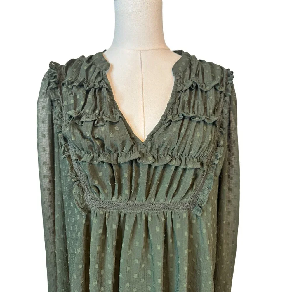 2/$30 ZARA Olive Green Small Sheer Textured Long Sleeve Dress - Picture 5 of 15